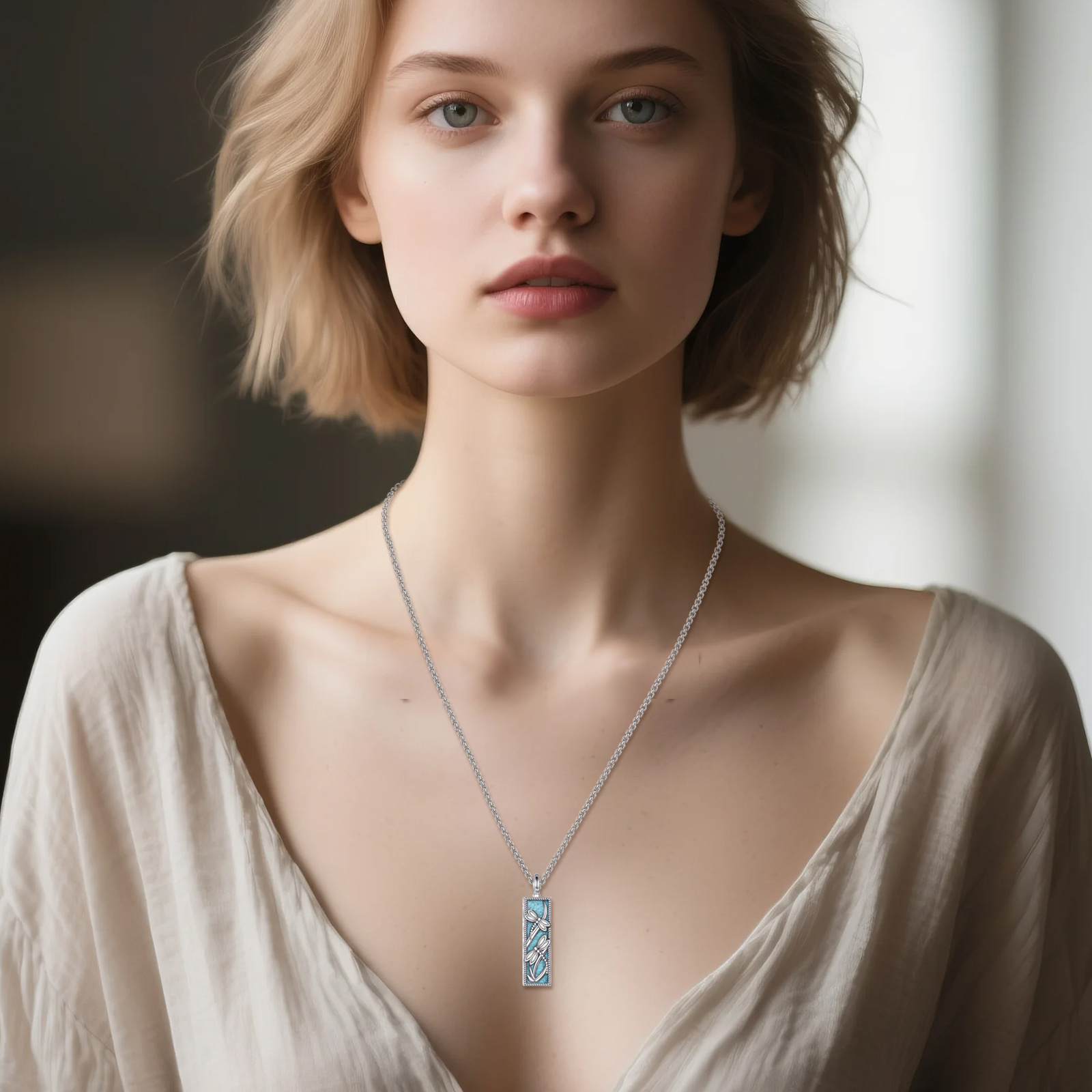 Long Dragonfly Urn Necklace with Synthetic Turquoise